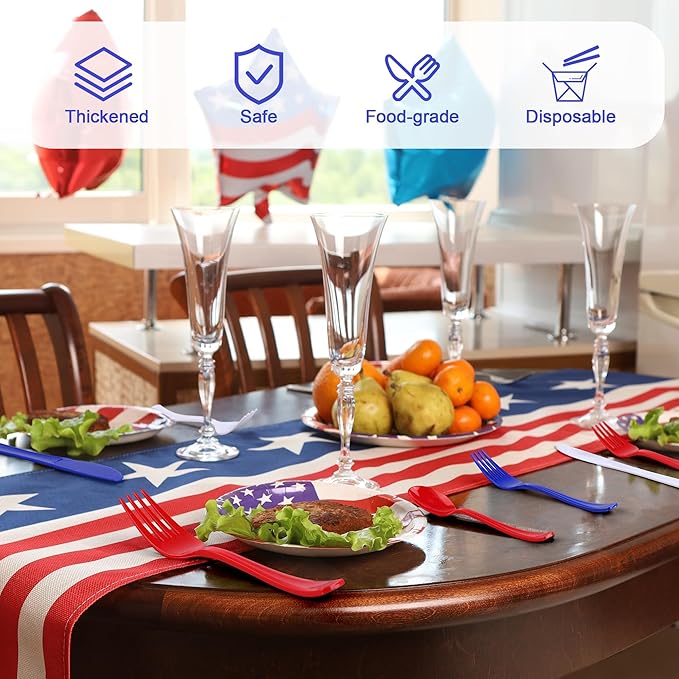 Kochorie 300 Pieces 4th of July Plastic Silverware, Heavy Duty Independence Day Cutlery Set, Disposable Plastic Utensils Includes Spoons Forks Knifes for Memorial Day Veterans Day, Red Blue White