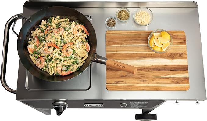 Cuisinart Outdoor Wok Station, 50,000 BTU Propane Outdoor Wok Burner with Prep Table, 14" Carbon Steel Fry Pan, Stainless Steel Side Table, Storage, Outdoor Cooking Station for Stir Fry, Searing, BBQ