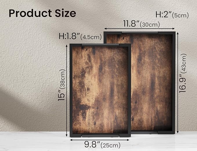 Wooden Set of 2 Serving Tray with Metal Handles,Ottoman Decorative Trays Platter for Coffee Table,Living Room,Bar,Party