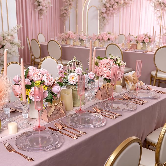 102PCS Rose Gold Plastic Plates - Clear Rose Gold Plate - Heavy Duty Disposable Plates - Fancy Disposable Dinner & Dessert Plate for 51 Guests for Party & Wedding