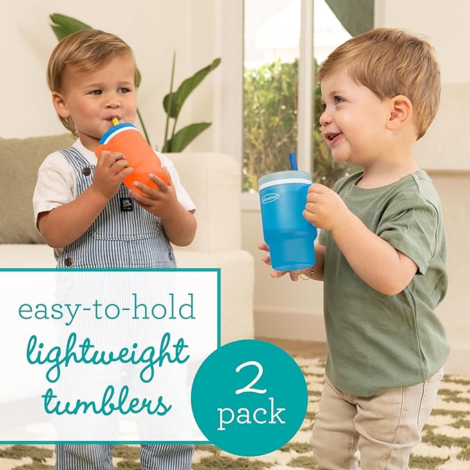 Infantino My 1st Tumbler, Durable Plastic Sippy Cup with Silicone Leak-Resistant Straw & Handle, for On-the-Go, BPA-Free Transition Cup, High Tide and Citrus Splash, 2-Pack
