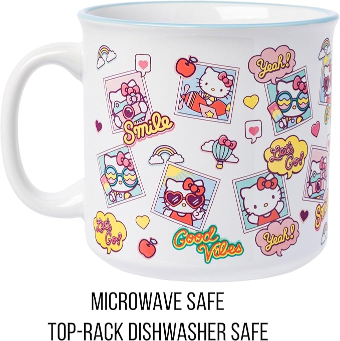 Silver Buffalo Sanrio Hello Kitty Photo Shots Smile Good Vibes Ceramic Camper Mug, 20 Ounces