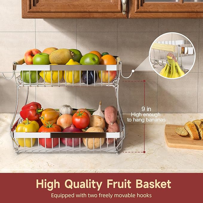 2 Tier Large Fruit Basket for Kitchen Counter with 2 Mobile Banana Hangers, 2026 Pro Detachable Metal Fruit Bowl with Wooden Handle (Silver, 2 Tier)
