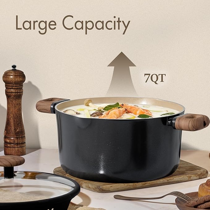 CAROTE Stock Pot with Lid, 7Quart Ceramic Soup Pot Non Toxic, Nonstick Cooking Pot for Pasta, Induction Ready, Even Heating, Dishwasher Safe, Black