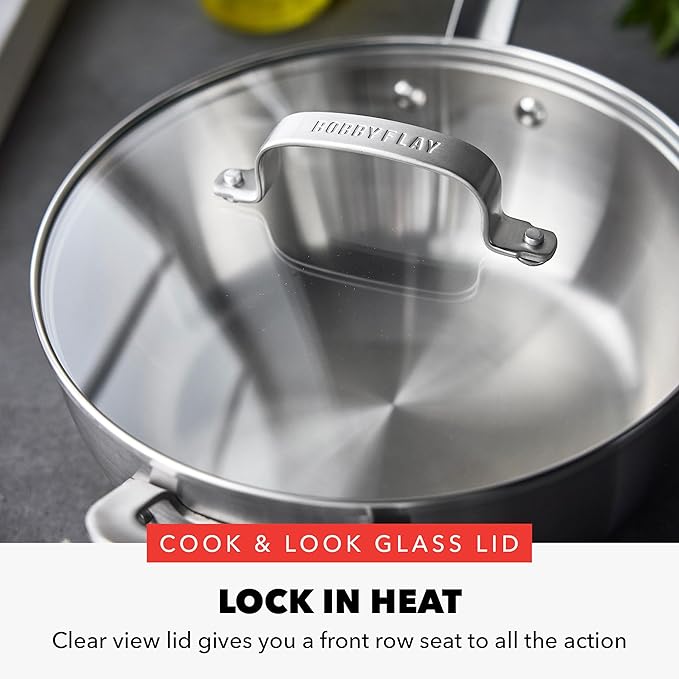GreenPan x Bobby Flay Stainless Steel 3.75QT Saucepan & Glass Lid, Professional Grade Tri-Ply Chefs Pan, Multiclad, Induction Suitable, Dishwasher & Oven Safe, Stay Cool Silicone Handle,Chip Free Rims