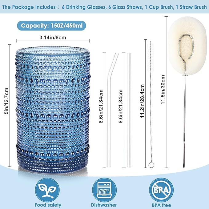 Large Hobnail Drinking Glasses Set of 6, 15oz Blue Vintage Glassware, Embossed Glass Cups, Water Tumbler, Highball Glasses For Beer, Juice And Various Mixed Drinks
