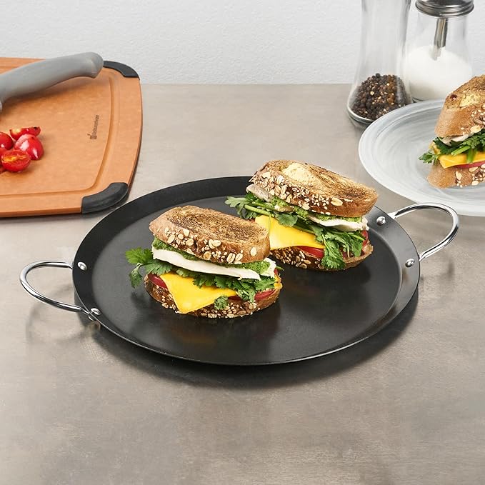 Restaurantware-Met Lux 11.06 Inch Round Griddles With Double Handles, 10 No-Stick Flat Top Grills - Compatible With Open Fire And Gas, Durable, Black Carbon Steel Griddle Pans, Even-Heating