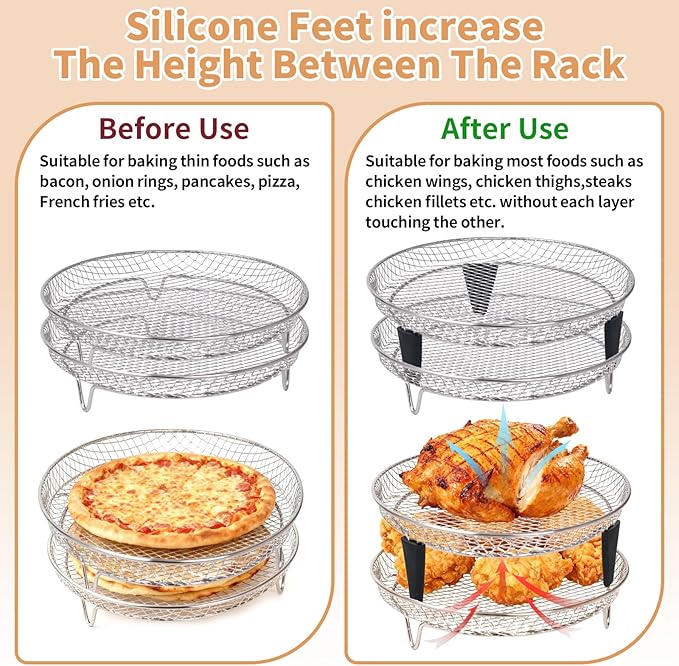 Air Fryer Racks, Cooling Racks for Cooking and Baking 8 inch,Round Stackable Rack with Spare Clip and Silicone Feet, Stainless Steel Kitchen Household, Fit all 4.2QT - 5.8QT Air Fryer