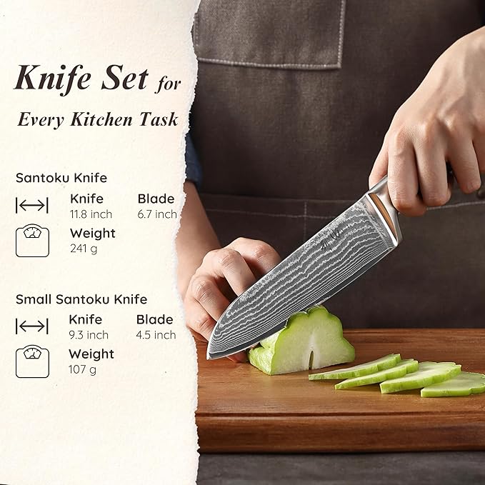 Wakoli EDIB 2-Piece Damascus Kitchen Knife Set – Santoku & Small Santoku with VG10 Core made of 67-Layer Damascus Steel Blades – Professional Chef Knives with Ergonomic Pakkawood Handles in Gift Box