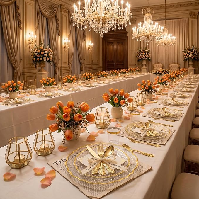 N9R 300pcs Gold Plastic Silverware Dinnerware Flatware- Heavyweight Plastic Cutlery Set, 100 Forks, 100 Spoons, 100 Knives, Gold Utensils for Party, Thanksgiving, Christmas