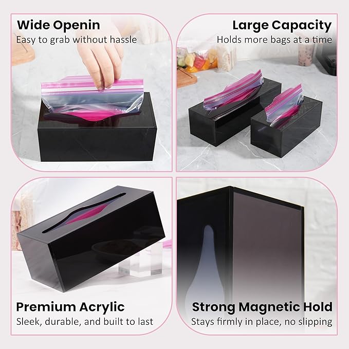 LUVCOSY Acrylic Food Bag Storage Organizer Magnetic Fridge Attachment Compatible with Ziploc Sandwich/Snack/Grip'n Seal Quart/1 Gallon, Dispenser for Ziploc Bags, Kitchen Organization, 2 Packs