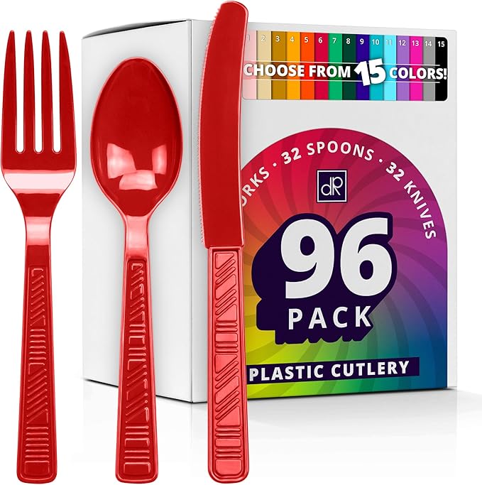 DecorRack Plastic Cutlery Set, Red Colored Plastic Silverware Sets for Parties, 96 Piece Bulk Heavy Duty Utensils (Red, 96 Pieces)
