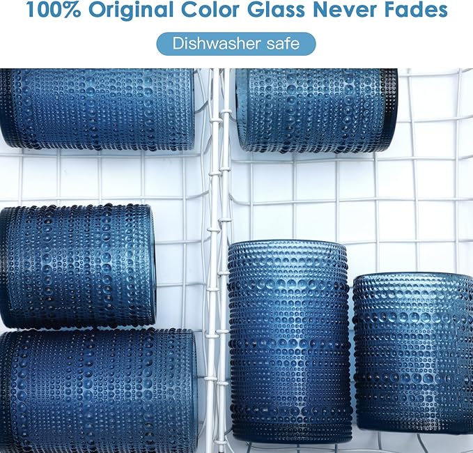 Large Hobnail Drinking Glasses Set of 6, 15oz Blue Vintage Glassware, Embossed Glass Cups, Water Tumbler, Highball Glasses For Beer, Juice And Various Mixed Drinks