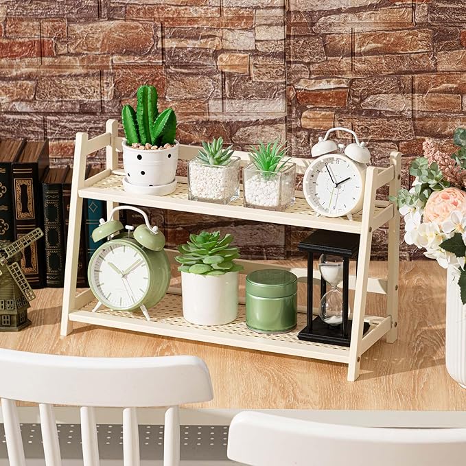 1 Pcs 2 Tier Matcha Station Shelf Bamboo Coffee Mug Stand Countertop Storage Rack, Double Layer Rattan Office Cup, Kitchen, Tea, Plant, Bar Accessories Condiment Display (White,17.7 Inch)