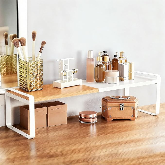 Expandable Cabinet Shelf Organizer & Spice Rack, Stackable Kitchen Counter Riser with Anti-Slip Legs, Bamboo Cupboard Storage for Dish, Plate & Canned Food, Small Shoe Rack for Closet (White)