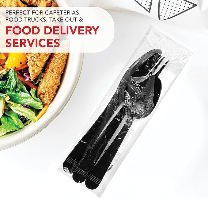 Party Essentials Individually Wrapped Plastic Cutlery Packets/Heavy Duty Silverware Kits, Fork/Spoon/Knife/Napkin/Salt/Pepper, 50 Utensils Sets, Black (Pack of 4)