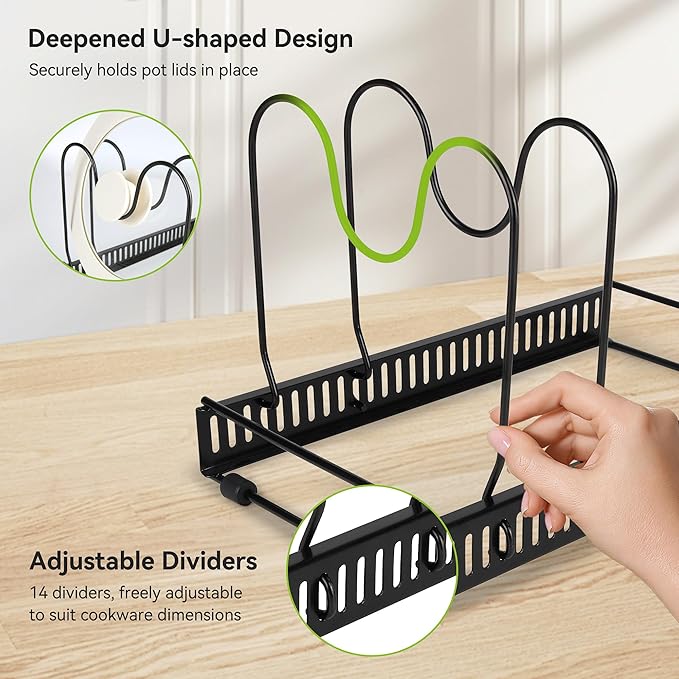 Pots and Pans Organizer under Cabinet, Expandable 11.81''-22.83'' Pot and Pan Organizer, Pot Lid Organizer with 14 Adjustable Dividers for Lids, Baking Trays, Skillets (Black, 14 Dividers)
