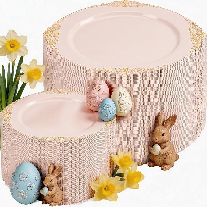 200PCS Pink and Gold Plates - Pink Plastic Plates - Fancy Disposable Plate with Gold Rim - Vintage Wedding Dinner & Dessert Plate Easter for 100 Guests for Wedding & Bridal Shower