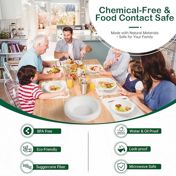 8 oz 128-Pack Compostable Paper Bowls, Small Disposable Dessert & Snack Bowls, Heavy-Duty Bagasse Bowls for Ice Cream, Sauce & Kids Meals, Microwave & Freezer Safe, Eco-Friendly (White)