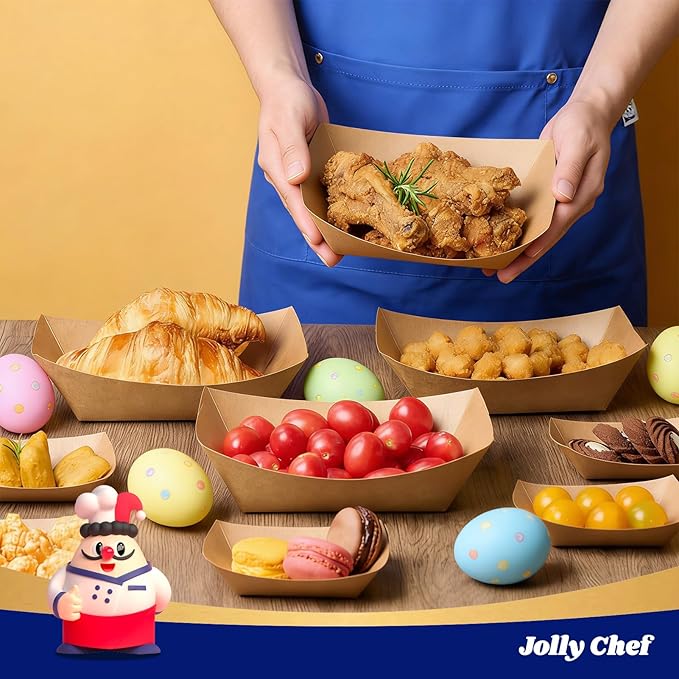 JOLLY CHEF 3lb Paper Food Trays,250 Pack Disposable Boat, Extra Large Food Serving Holder Tray for Gameday,Party, Nachos, Hot Dogs, Taco, French Fries