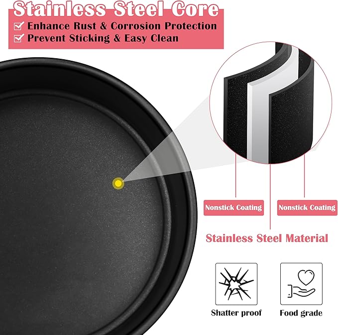 E-far 6 Inch Cake Pan Set of 3, Nonstick Stainless Steel Small Round Cake Pans Tin for Baking Layer Cakes, Stainless Steel Core & Non-toxic Coating, Straight Side & 2 Inch Deep