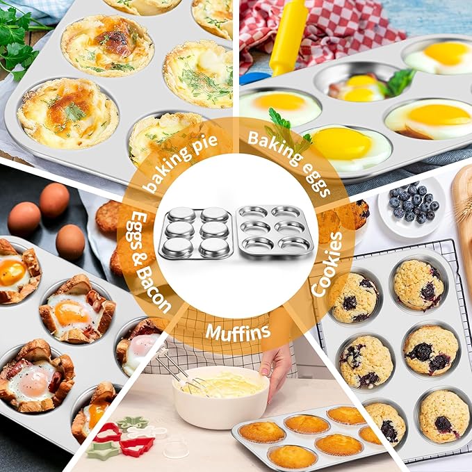 P&P CHEF Muffin Top Pan Set of 2, Stainless Steel 6-Cavity Shallow Cupcake Pans, Standard Bakeware for Eggs, Whoopie Pies, Cornbread, Cookies, Yorkshire Pudding, Easy Clean & Oven Safe, Silver