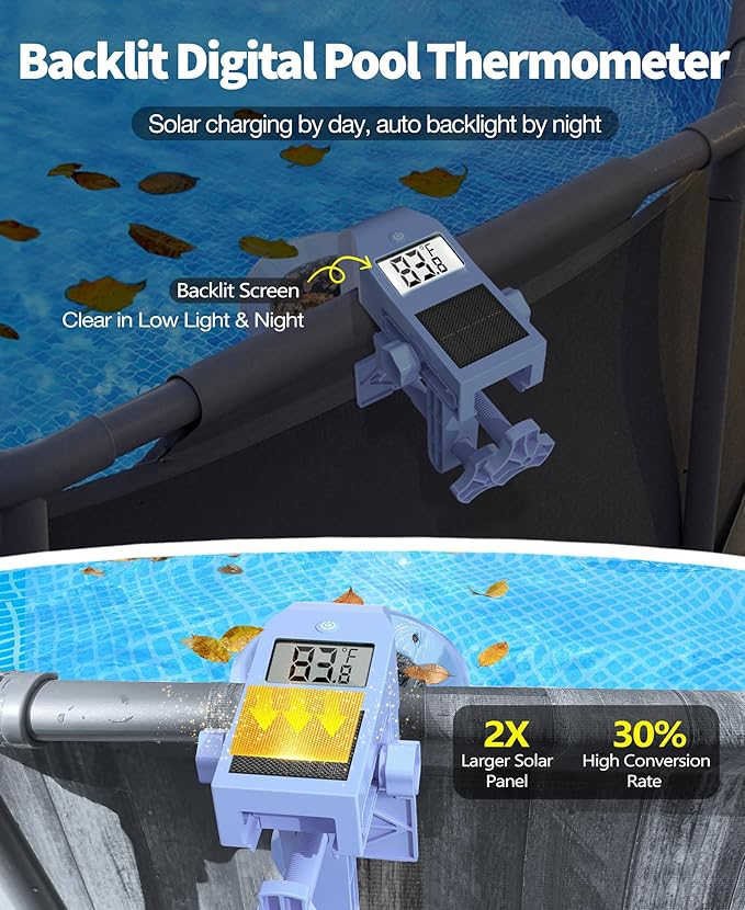 Newly Above Ground Pool Skimmer with Solar Digital Thermometer, Wall Mount Surface Skimmer with Adjustable Height Bracket, Auto Skimming for Pool Surface Floating Leaves & Debris-Lavender