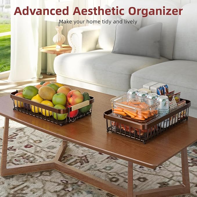 2 Tier Large Fruit Basket for Kitchen Counter with 2 Mobile Banana Hangers, 2026 Pro Detachable Metal Fruit Bowl with Wooden Handle (Brown, 2 Tier)