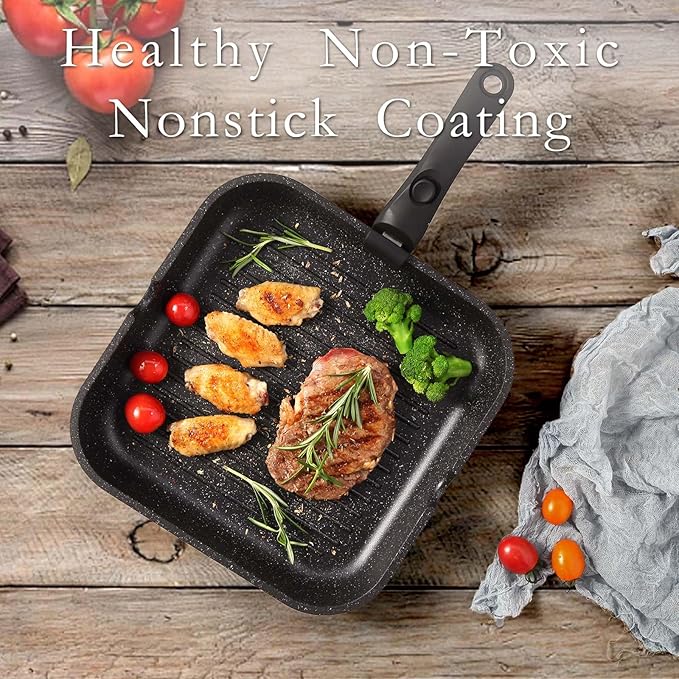 ESLITE LIFE Nonstick Grill Pan with Detachable Handle, Versatile Square Skillet for Indoor Cooking & Outdoor Grilling, PFOA Free, Black-11 Inch