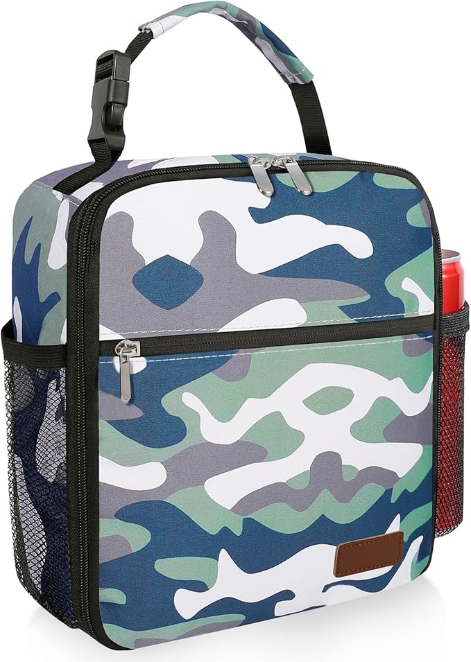 Small Lunch Box Insulated Lunch Bag for Men Women Kids, Reusable Lunch Bags Portable Small Lunch boxes Cooler Bag for School/Work/Picnic, Green Camouflage 12-Can(6.5L)
