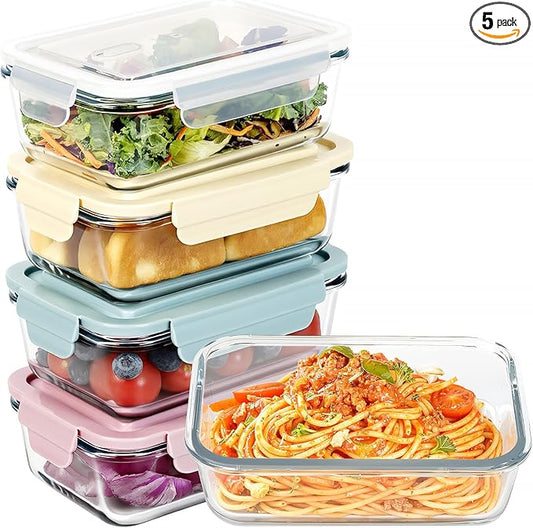 5 Pack 20oz Glass Meal Prep Containers with Air Vent Lids, Borosilicate Glass Food Storage Container with Snap Airtight Lids for Lunch, Food Prep, Microwave, Oven, Freezer & Dishwasher Safe, BPA-Free