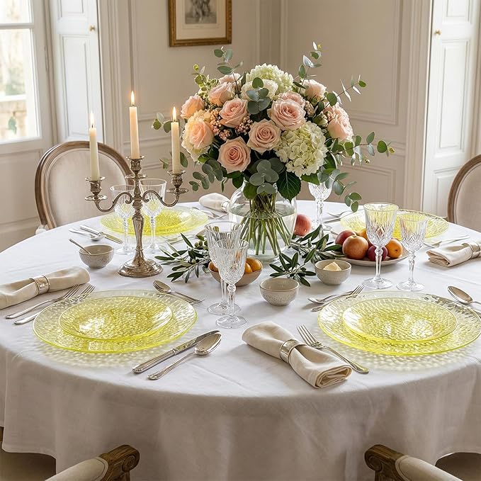 Rubtlamp 60 Pcs Yellow Plastic Plates, Hammered Heavy Duty Disposable Plates, Fancy Party Platos Include 30 Yellow Dinner Plate,30 Disposable Dessert Plate for Easter Daily Reception