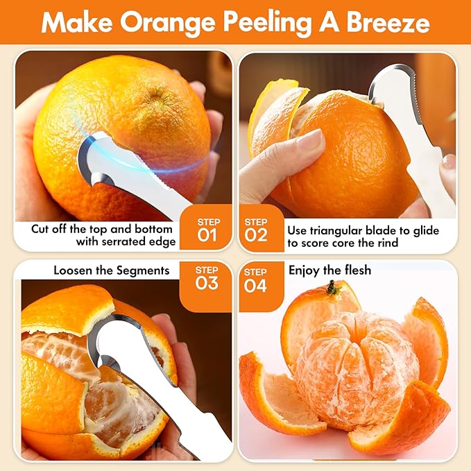 Set of 2 Stainless Steel Orange Peeler – Triangular & Serrated Blade to Easily Peel Citrus, Pomegranates, Dragon Fruit, Grapefruit