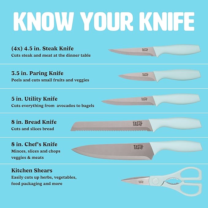 Tasty Kitchen Knife Set with Block, Cutlery Set includes Chef, Bread, Utility, Paring, Steak Knives & Shears, 10-Piece, Aqua
