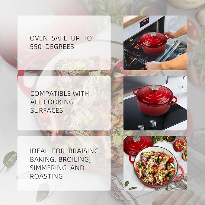 4 Quart Dutch Oven Enameled Cast Iron with Lid - Big Dual Handles - Oven Safe up to 500°F - Classic Round Pot for Versatile Cooking Red