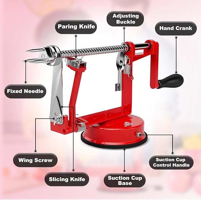 Apple Peeler Slicer Corer - (Extra 2 Blades & 1 Corer) 3 in 1 Kitchen Peeling Machine for Vegetables and Fruits, Stainless Steel Adjustable Blade, Anti Slip Suction Base