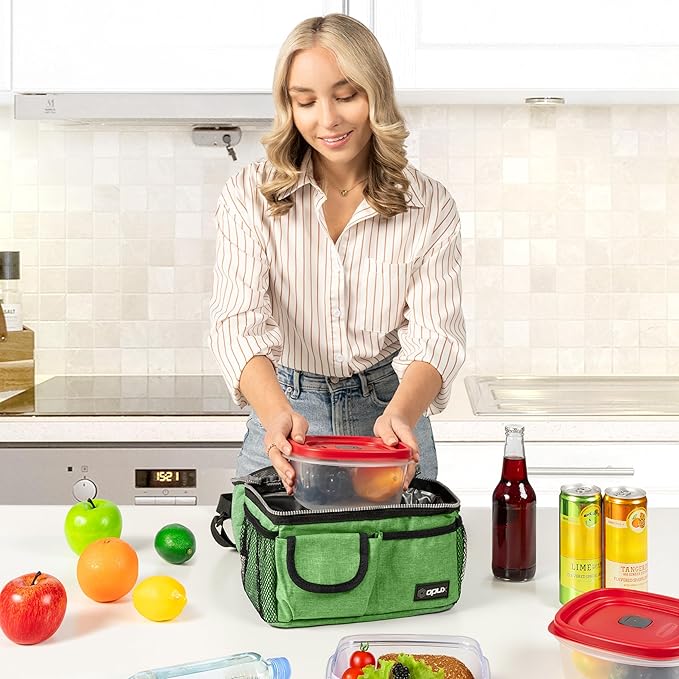 opux Lunch Box for Men, Adult Lunch Box Cooler, Insulated Lunch Bag Women, Dual Compartment Lunchbox for Work, Leakproof Double Decker Lunch Bag, Soft Lunch Pail Tote Boys Girls Kids School, Green