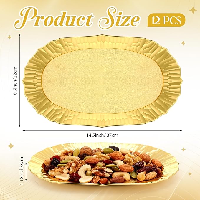 12 Pcs Gold Plastic Serving Tray Bulk, 14.5" x 8.6" Rectangle Gold Party Platters Reusable Decorative Dessert Table Serving Trays Snack Food Tray for Cupcake Cookie Wedding Birthday Party
