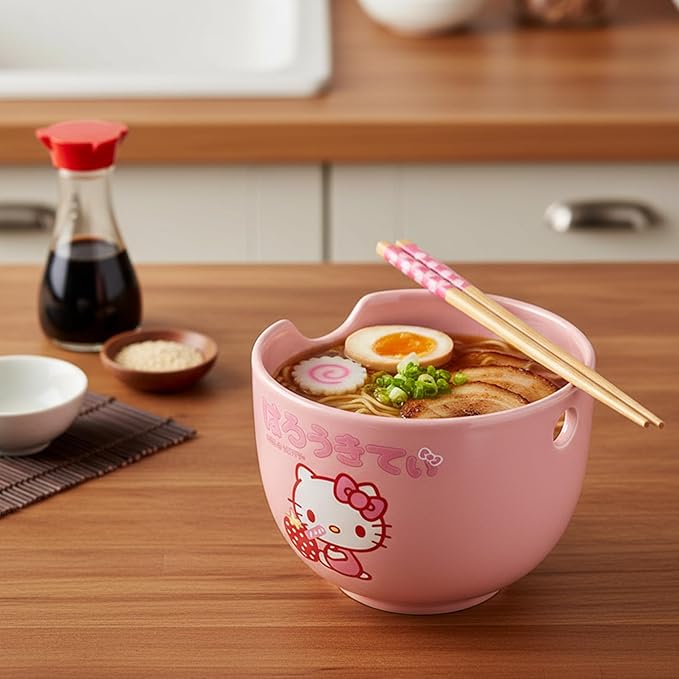 Silver Buffalo Sanrio Hello Kitty Strawberry Milk Japanese Character Ceramic Ramen Noodle Rice Bowl with Chopsticks, Microwave Safe, Pink, 20 Ounces