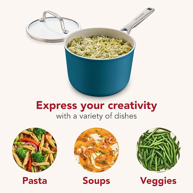KitchenAid Hard Anodized Ceramic Induction Nonstick Cookware Saucepan with Lid, Dishwasher Safe, 2 Quart Non Stick Sauce Pan with Stainless Steel Handle - Agave Blue