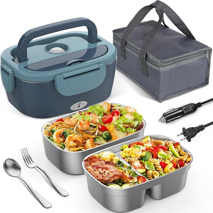 Electric Lunch Box for Men/Women 80W Heated Lunch Box for Adults, 12V 24V 110V 220V Portable Food Warmer LunchBox Lonchera Eléctrica Portátil with 2 Stainless Steel Containers Christmas Gift