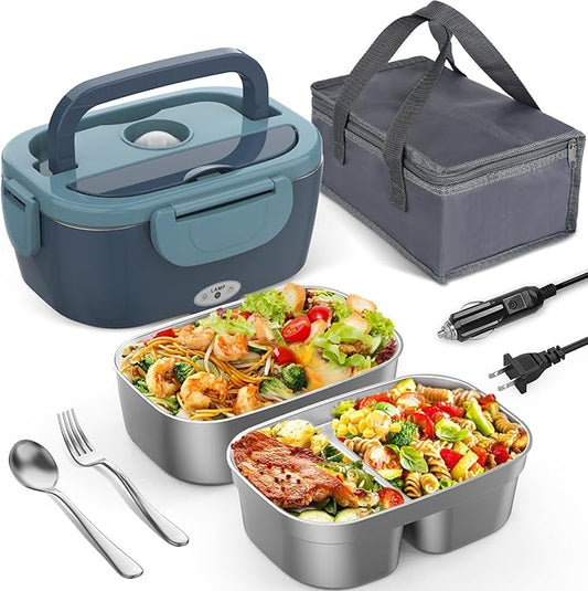Electric Lunch Box for Men/Women 80W Heated Lunch Box for Adults, 12V 24V 110V 220V Portable Food Warmer LunchBox Lonchera Eléctrica Portátil with 2 Stainless Steel Containers Christmas Gift
