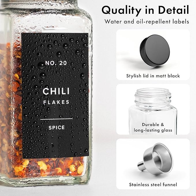 Glass Spice Jars with Label and Black Lids (36 x 4oz) Spice Containers with 240 Labels, Shaker Inserts, Steel Funnel, Empty Square Empty Square Seasoning Organizer