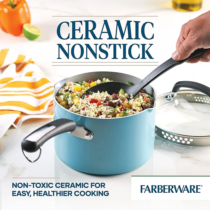 Farberware EcoAdvantage Ceramic Nonstick Straining Saucepan/Sauce Pan with Lid, 3 Quart, Aqua