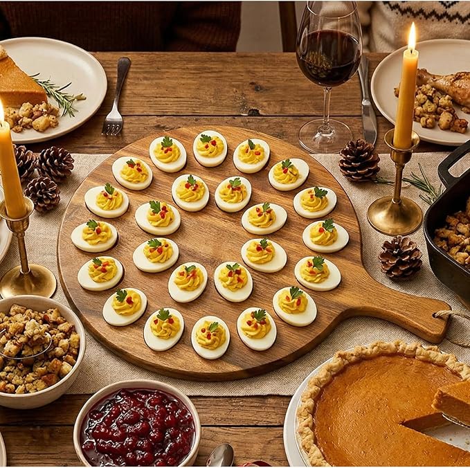 Okllen 24 Holes Round Acacia Wood Deviled Egg Platter with Handle, Deviled Egg Tray Holder for Easter, Gathering, Thanksgiving & Parties