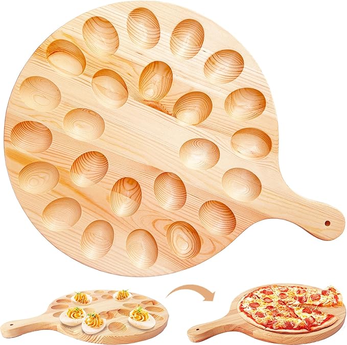 Deviled Egg Platter,Wooden Deviled Egg Tray,Reversible 24 Holes Round Egg Holder Container Charcuterie Board for Kitchen Countertops,Serving Tray