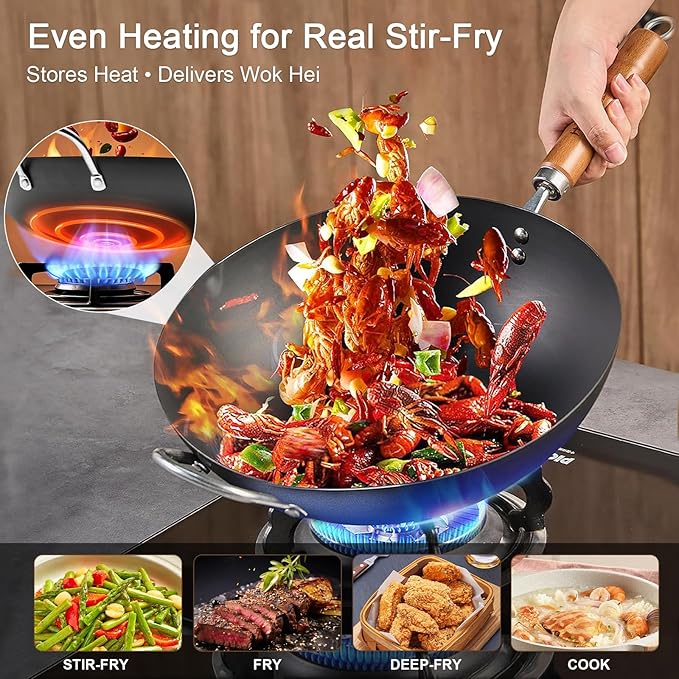 WANGYUANJI 13.4" Heavy Duty Carbon Steel Wok (Seasoning Required), Large Refined Iron Stir Fry Pan for 3-5 People, Uncoated Flat Bottom Induction Wok, Durable Cookware
