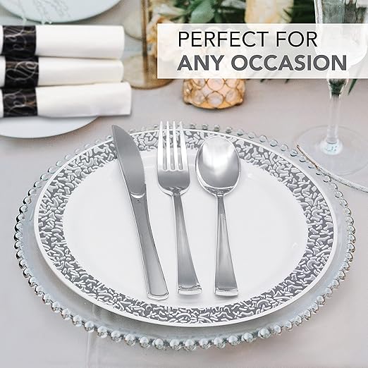 Party Essentials Pre-Rolled Disposable Extra Heavy Duty Plastic Cutlery Kit with Silver Fork/Knife/Spoon and 3-Ply White Napkin (Case of 100 Rolls), (N501725-4)
