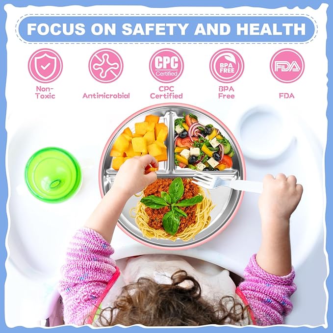 OVV Stainless Steel Kids Plates (3 Pack) 9 Inch Toddler Divided Plates with ﻿Removable Silicone Sleeves & 5 Suction Cups Baby Self Feeding | Mess-Free Mealtime | Dishwasher Safe