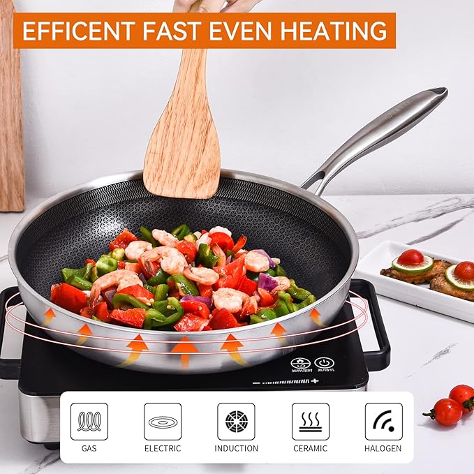 DELARLO Tri-Ply Stainless Steel Pan, 18/10 Frying Pan, Oven Safe Up to 600°F, Nontoxic Cookware, Compatible with All Cooktops Skillet, Durable, Fast Even Heat Fry Pan,12" Hybird Pan